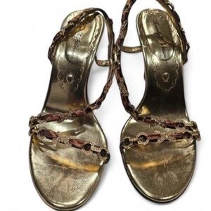 Beverly Feldman Metallic Gold Braided Strap Charm Women's Sandals